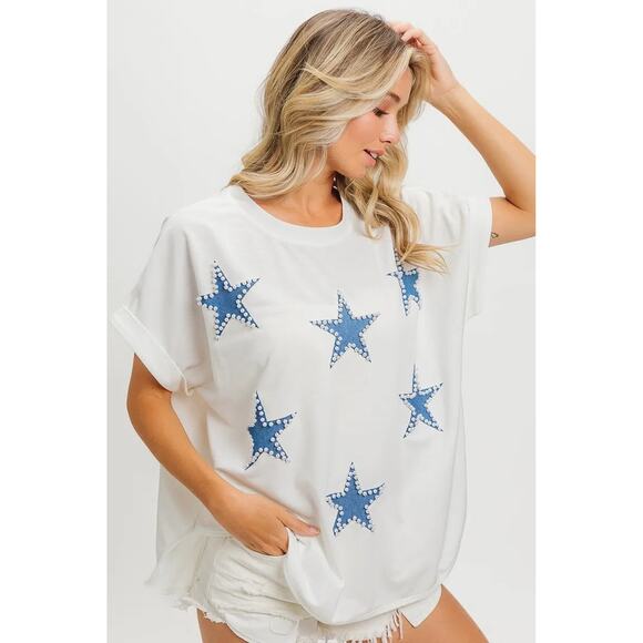 BiBi Fourth Of July Theme Rhinestone French Terry Round Neck T-Shirt | Off White - Picture 4 of 7